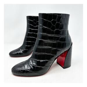 Christian Louboutin Turela Black Croc Embossed Leather Ankle Boots Women Size 37